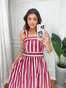 15 Striped All-Over Print Fabric Gathered Hem With Ruffle Wedding Dresses - Redwood - View 2