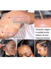 200% 超高密度顺滑直发假发 - 13x6/13x4 高清蕾丝前额真人发混纺，预先拔毛，无需胶水，带有婴儿发和自然发际线，超浓密丝滑造型，专为女性设计，无需胶水，即戴即用 - 自然色&黑色系 - 查看 5