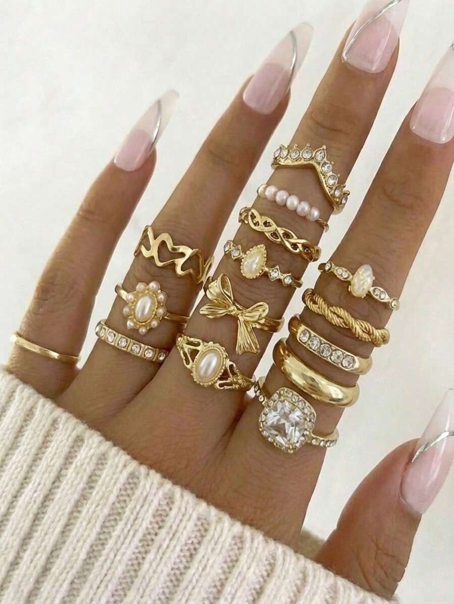 Bộ 15 chiếc nhẫn thời trang mạ vàng hình bướm, hoa và lá đính ngọc trai giả, thích hợp cho phụ nữ đeo hàng ngày, đi biển, mùa hè, cũng là món quà lý tưởng cho Ngày Valentine, Ngày của Mẹ. - Vàng - Xem 1