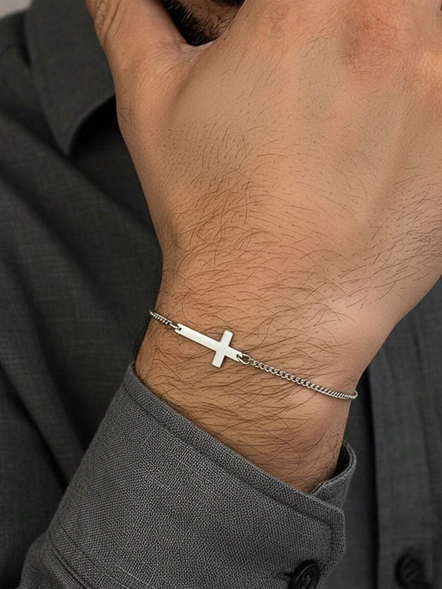 1pc Stainless Steel Cross Chain Bracelet, Men's Minimalist Fashion, Suitable For Daily Wear - Silver - View 1