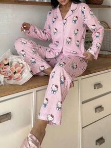 SANRIO 2pcs Women's Casual Striped Loungewear Set, Pajama Set - Pink - View 2