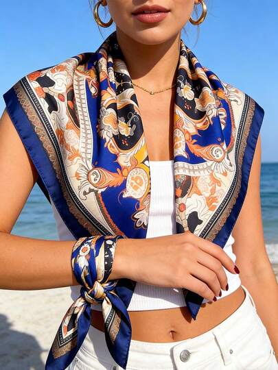 1pc Vintage Floral Palace Print Square Scarf All Season Spring, Summer, Autumn And Winter Shawl And Wraps Suitable For Daily Outings Travel Wedding Party Balls Banquets Bridesmaid Headscarfs Women Accessories