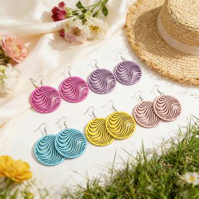 5 Màu Bông Tai Vòng Gỗ Mộc Mịn - Bộ Bông Tai Tròn Dáng Thả Sweet Ins - Quà Tặng Trang Sức Mùa Hè Phong Cách Retro