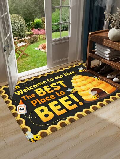 1 tấm thảm chùi chân hình lục giác tổ ong nền đen viền vàng, có thể giặt máy, thảm trải sàn phòng tắm, thảm cửa ra vào, thảm ngoài trời, thảm phòng khách, thảm phòng ngủ, vật liệu trải sàn.