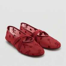 Women's High Heels, New Fashionable Summer Ballet Shoes With Round Toe, Floral Embroidered Mesh, Crisscross Straps, And Breathable Hollow Design. - 紅色 - 查看 8