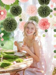 8/16 件装 DIY 粉色苔藓绿纸巾绒球纸花，10/8/6 英寸粉色和绿色系列纸花，适合波西米亚风格、中性色调、婴儿派对、婚礼、订婚、生日、春夏派对装饰、室内外背景装饰、悬挂式装饰纸花。 - 粉綠色 - 查看 3