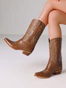Women's Vintage Embroider Western Cowboy Boots Fashion Chunky Heels Pointed Toe Pull On Casual Party Retro Mid Calf Cowgirl Boots Woman - 棕色 - 查看 4