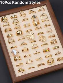 10pcs Elegant Fashion Pink Rhinestone Rings, Butterfly & Heart Shaped, Romantic Gift For Valentine's Day, Everyday Jewelry Accessories - 10 Large Floral Geometric Irregular Gold Rings - View 18