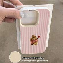 1个条纹小熊爱心图案荔枝纹理TPU手机壳，兼容苹果17/16/15/14/13/12/11 Plus/Pro Max系列，个性化INS风格保护套，时尚简约可爱设计，全方位保护 - 彩色 - 查看 4