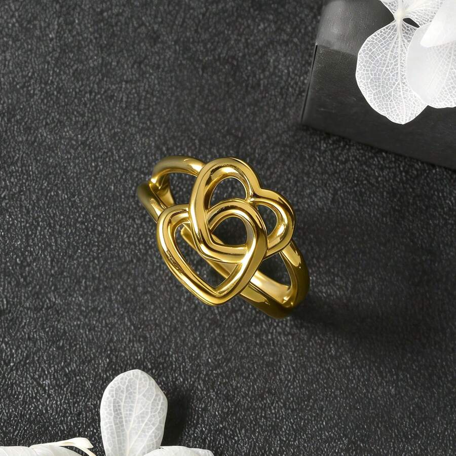 1 chiếc nhẫn hai lớp hình trái tim đan lát mạ vàng 18K, có thể điều chỉnh kích cỡ, thiết kế lãng mạn và thanh lịch, phù hợp cho nữ giới đeo hàng ngày, đi học, hẹn hò, cũng có thể làm quà tặng cho bạn bè hoặc người yêu. - vàng 2 - Xem 1