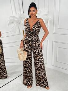 AIJ Bộ jumpsuit dáng chữ H họa tiết da báo của Amarilo dành cho nữ - Thiết kế dây mảnh hở lưng, eo ôm sát, trang phục thường ngày cho kỳ nghỉ, mùa xuân/hè. - màu nâu - Xem 3