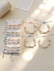 12pcs/Set New Fresh Ocean Style Starfish Beaded Adjustable Bracelet Set - Boho Pink And Blue Layered Bracelets With Transparent Crystal Beads, Matte Jade Beads And Resin Starfish Pendants, Drawstring Adjustable For Summer Beach Vacation, Music Festival, Pool Party, Casual Wear, Nickel-Free Gift - Multicolor - View 4