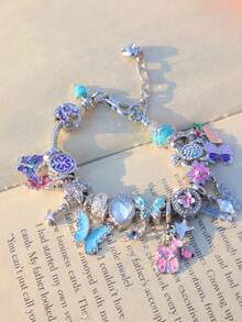 1条夏季花卉蝴蝶串珠手链，向日葵、雏菊、蝴蝶、心形珠子DIY手链，复古花卉玻璃珠可调节DIY手链，朋友礼物，纪念手链 - 銀色 - 查看 4