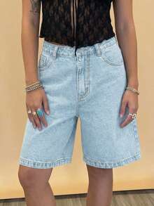 Quần short denim nữ màu đen cạp cao dáng rộng, thoải mái - Thời trang, đa năng, phù hợp mặc hàng ngày, đi chơi, hẹn hò, phong cách đường phố. - Rửa nhẹ - Xem 4