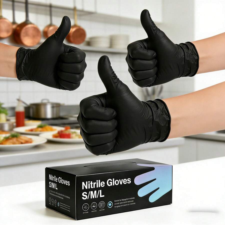 100pcs Black Disposable Nitrile Gloves, Latex & Powder Free, For Household Cleaning, Kitchen Use (Random Style) - Multicolor - View 1