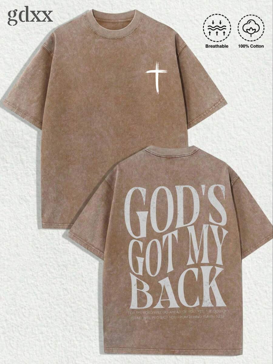 1-Pack Plus-Size "Retro Christian Theme" Graphic T-Shirt - Featuring The Handwritten Slogan "GOD'S GOT MY BACK." Relaxed Fit, Crafted From 230g Washed Pure Cotton Fabric. Retro Streetwear Style; Unisex Top. Men's Summer Top, Men's Plus-Size T-Shirt. - 咖啡棕 - 查看 1