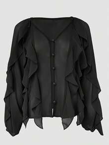 Versatile Casual Commuting Office Asymmetrical Ruffled Semi-Sheer Beige Shirt, Suitable For Dates, Everyday Wear, Beach Vacation, Ruffled Decor Adds Softness, Pair With Jeans For Casual Chic, Or Skirts For Elegant Office Looks - Black - View 4