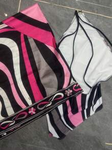 2026 New Retro Abstract Print Bikini Set Pink Black Color Block Tie-Up Beach Vacation Swimsuit - 亮橙色 - 查看 5