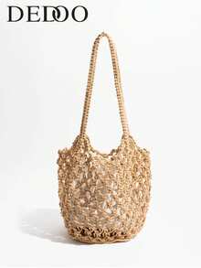 Dedoo Simple Cotton Rope Hand-Woven One-Shoulder Bag, Hollow Grid Design, Literary And Retro Style Crocheted Armpit Bag, Suitable For Spring And Summer Shoulder Bags, Daily Matching, Vacation Bag - Khaki - View 9