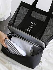 可折叠双层网眼沙滩包，配有可调节肩带，干湿分离设计，隔热层，便携式瑜伽健身收纳包，成人旅行游泳手提包，适合沙滩使用，健身毛巾包 | 手提包 | 沙滩旅行收纳包，带隔层，旅行必备，适合学校假期返校用品，防水洗漱包 - 彩色 - 查看 2
