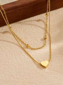1pc Simple And Fashionable Gold-Plated Stainless Steel Snake Bone Bead Chain Layered And Stacked Three-Dimensional Heart-Shaped Pendant Jewelry Collarbone Necklace - Love - View 4