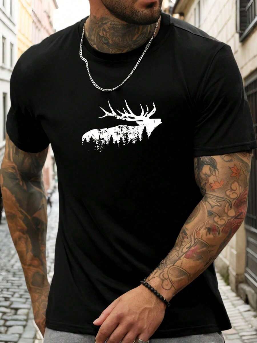 Camiseta Masculina Alce Americano Estampado Casual Blusa em Algodão - Preto - Visão 1