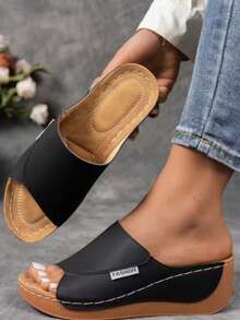 Women's Fashion Solid Color Wedge Sandals - Comfortable Arch Support, Breathable Outdoor Sandals - Stylish And Versatile, Soft Sole, Easy For Everyday Wear, Casual Open-Toe Slip-On Sandals With A Mid-Heel And Faux Leather Sole. Sold By MagiMoBo Women's Shoes. - màu đen - Xem 1