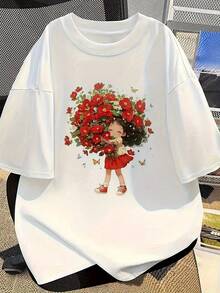 180g Women's Cartoon Floral Print T-Shirt, Lightweight, Loose Fit, Short Sleeve, Washable, Suitable Spring, Summer, And Autumn Casual Tops - White - View 6