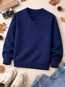 Boys' Junior Sweater, V-Neck Knit Sweater – Basic And Comfortable, Autumn/Winter 2026. - 藏蓝色 - 查看 6