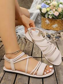 New Fashion Summer Roman Woven Open Toe Flat Sandals, Comfortable Casual Shoes, Fashionable Open Toe Design Cross Strap Flat Sandals Lightweight And Comfortable. - Beige - View 3
