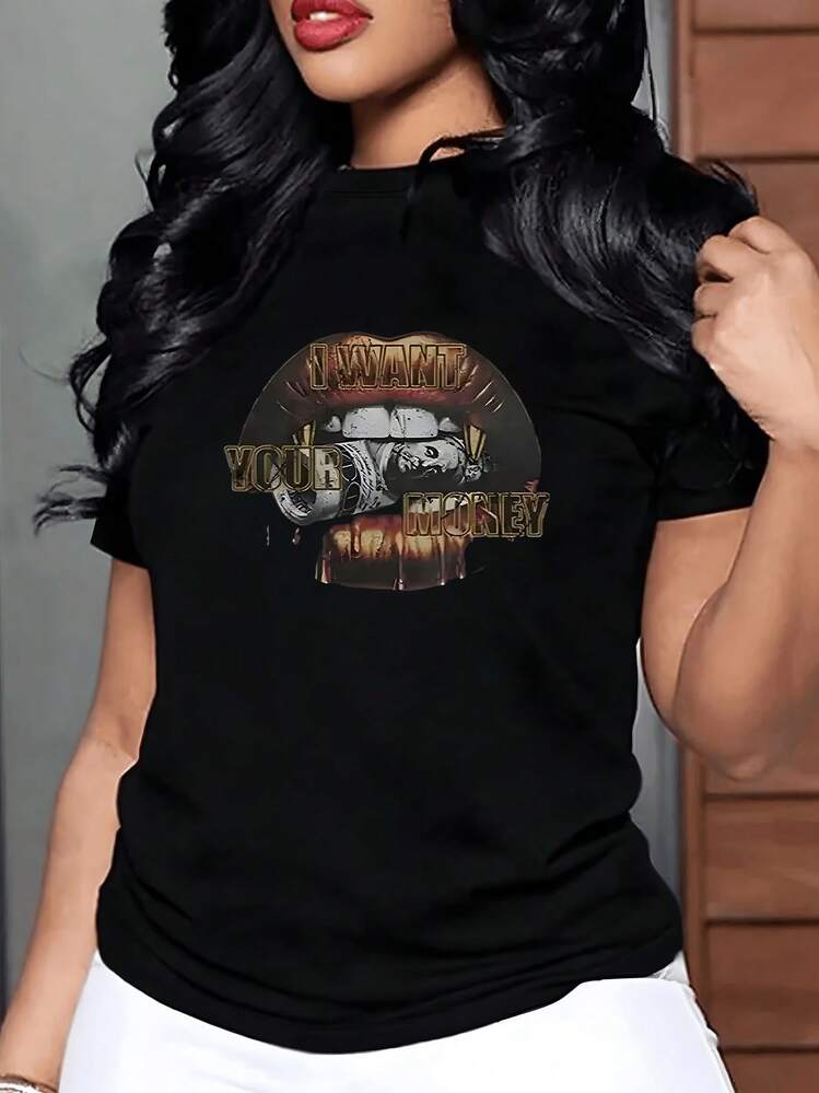 Labios rojos abiertos mostrando un billete entre los dientes representan una actitud atrevida de confianza y poder que expresa deseo de independencia económica camiseta de mujer 220g casual moderna - Negro - Añade 1