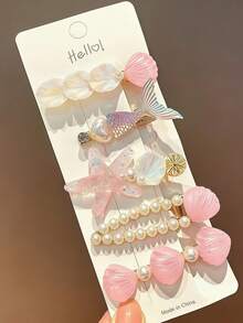 5pcs Pink Starfish Shell Mermaid Tail Hair Clips, Ocean Holiday Alligator Hair Clips, Mermaid Pearl Romantic Barrettes For Daily Use,Summer,Travel, Beach Accessories - Pink - View 4