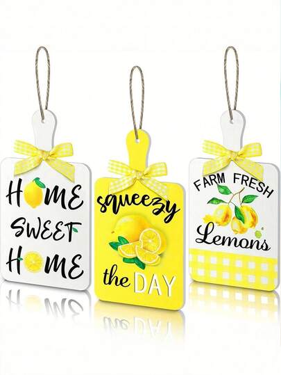 3pcs Summer Party Fruit Lemon Hanging Sign Wooden Crafts, Summer Fruit Themed Wooden Decoration, Hanging Ornament With Lemon And Yellow Elf Pattern, Suitable For Lemon Themed Parties, Families, Small Trees, Summer, Spring, Holiday Gatherings, Dining Table Decorations