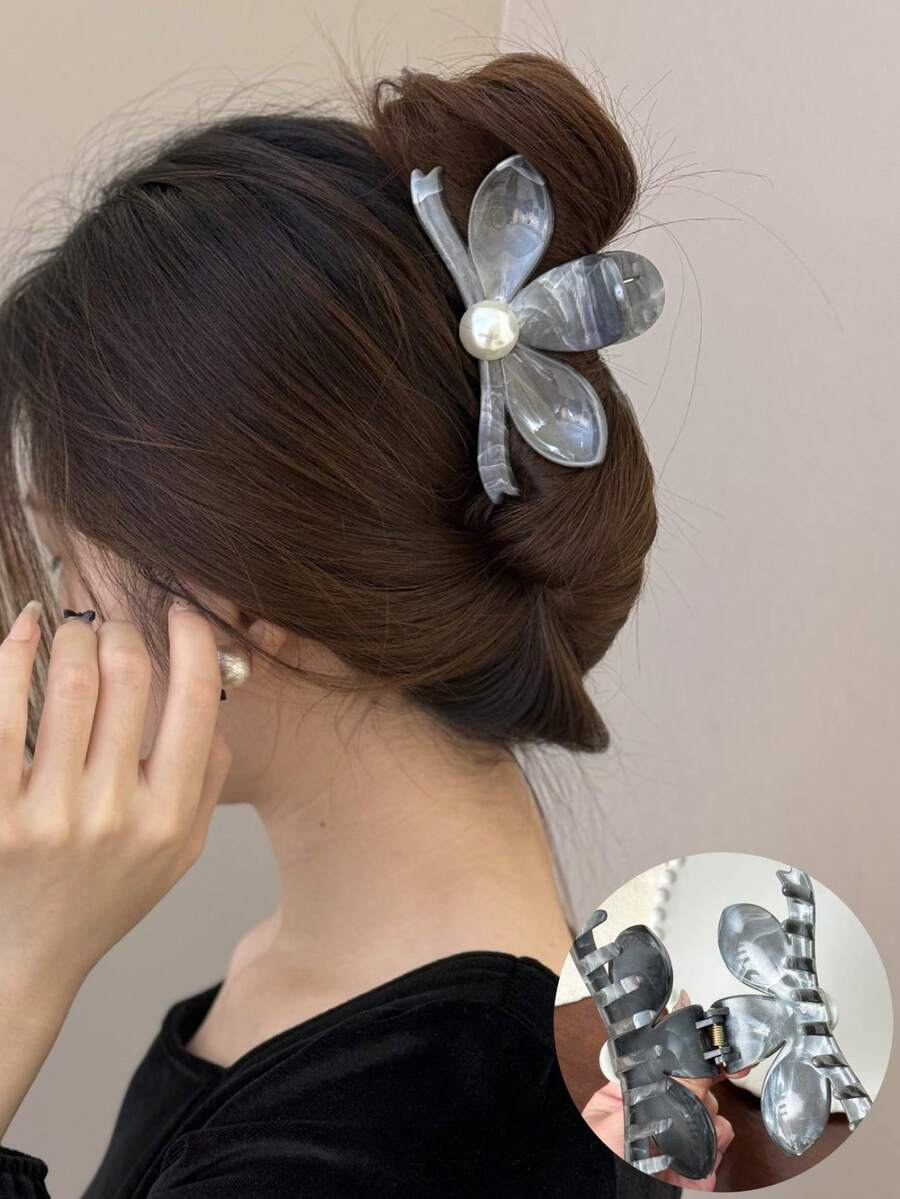 1件装女士艺术复古油画纹理花朵发夹新款珍珠发夹圆盘鲨鱼夹发爪头饰发饰 - 彩色 - 查看 1