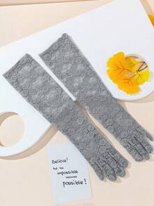 1 Pair Women's Lace Gloves, Long Full Finger Gloves For Driving, Sun Protection, Bridal Ceremony, Summer - Gray-081 - View 3
