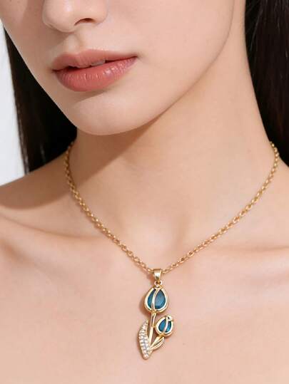 1pc Pink/Blue Bridal Fashion Necklace, Bohemian Vintage Wedding, Elegant Wedding Accessory, Tulip Pink Quartz Rhinestone Necklace Flattering Figure, Delicate Jewelry For Brides, Suitable For Church Wedding/Wedding Reception/Engagement Party/Wedding Photoshoot