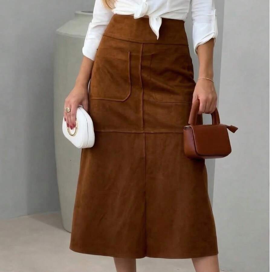 WOMEN'S SUEDE SKIRT WITH ZIPPER AND POCKET. STYLE AND ELEGANCE. - 駝色 - 查看 1