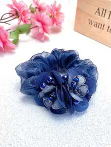 1pc Elegant Pearl Double Flower Hair Scrunchie For Women, High Stretch Oversized Floral Hair Tie Ponytail Holder, Chic Bun Maker Hair Accessories For Daily Hair Styling Travel Gatherings Leisure Commuting Photography, Spring Summer Clothing Matching Scrunchy,Holiday Hair Elastics Hair Rubber Bands Hair Rope Elastic Hair Tie - Multicolor - View 6