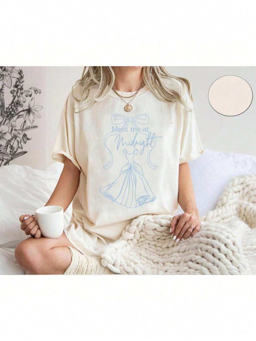 Tshirt  Meet Me At Midnight Shirt,  Inspired Shirt,  Coquette Bow Shirt, Princess Shirt,Workout Shirts Women,Casual Round Neck Short Sleeve T-Shirt Fashionable Shirt - 白色 - 查看 1