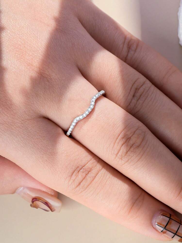 AIHUASI 1pc 925 Sterling Silver Wedding Bands For Women 1.3*1.3mm Moissanite Diamond Curved Wishbone Stacking Eternity Rings Wedding Band Fine Jewelry Gift - Silver - View 2