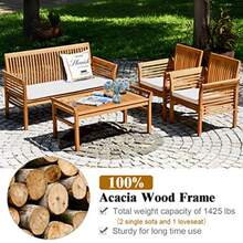 Tangkula 4 Piece Outdoor Acacia Wood Sofa Set With Water Resistant Cushions Padded Patio Conversation Table Chair Set W/Coffee Table For Garden Backyard Poolside 1 - 珍珠白 - 查看 7