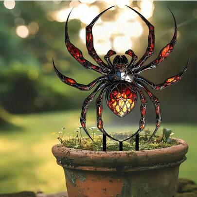 红色蜘蛛彩色玻璃亚克力花园插牌，哥特式昆虫装饰，适用于户外庭院、草坪和盆栽植物装饰