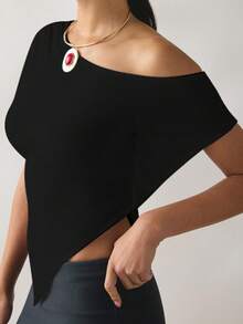 Gym Wear Women Gym Top Black Top Jersey Knit Asymmetric Off-The-Shoulder Poncho Gym Tops For Women - Black - View 4
