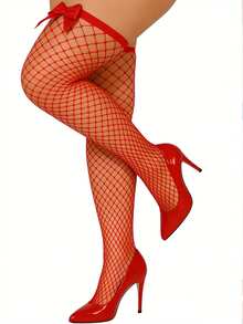 1双女士红色蝴蝶结网眼过膝袜，性感风格，缎面蝴蝶结装饰，适合情人节约会、圣诞派对、新年夜、烛光晚餐等场合，吸睛约会单品 - 彩色 - 查看 6