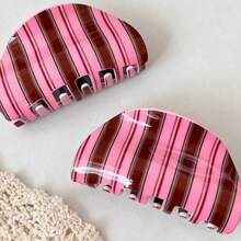 1pc Korean Style Blue & Coffee Striped Acrylic Hair Claw Clip, Retro Elegant Hair Accessory For Bun, Ponytail, Versatile High-End Hair Clip Women Hair Accessories - 彩色 - 查看 1