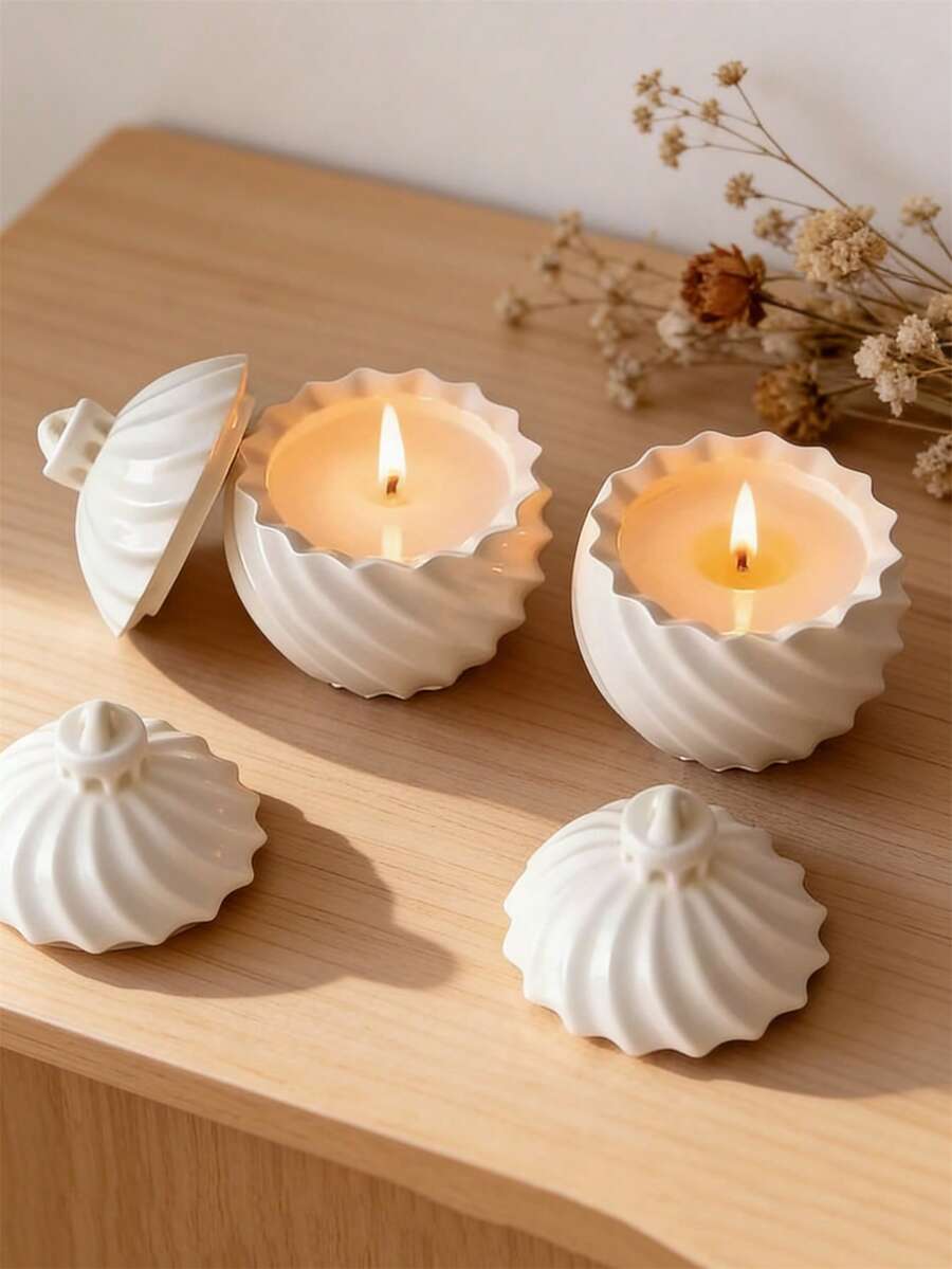 DIY圆形波浪形蜡烛罐带盖硅胶模具，手工蜡烛容器石膏模具，环氧树脂浇铸模具收纳盒 - 白色矽膠模具 - 查看 1