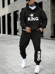 KING Mens Warm Hoodie And Joggers Set Black Casual Tracksuit 2 Piece Fleece Lined For Home Gym And Street Style - 黑色2 - 查看 1