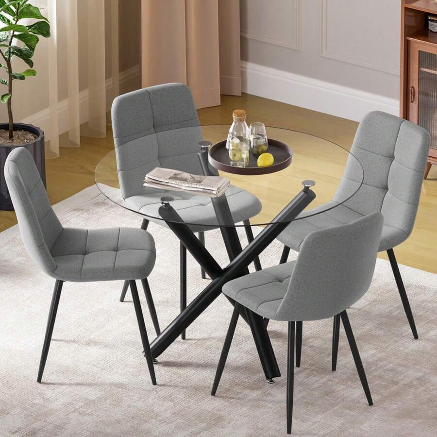 Dining Table And Chairs Set Of 4, Round Dining Table With Performance Fabric Chairs For Dining Room,Kitchen,Living Room