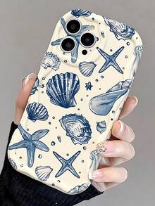 1pc Ocean Element Retro Artistic Starfish Shell Bubble Pattern Full Coverage Cream Texture Asymmetrical Wavy Edge Unique Soft Phone Case Compatible With IPhone 11/12/13/14/15/16/17 Pro Max - Multicolor - View 1