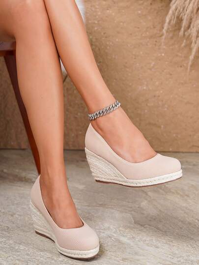 Bohemian Style Wedge Shoes, Woven Thick Sole Wedge Shoes | Elegant Commute, Comfortable Casual Solid Color Luxurious Street Club Woven Retro Wedge Shoes | Velvet Texture, Graceful Height Increase Beach Festival Wedding Holiday All Season